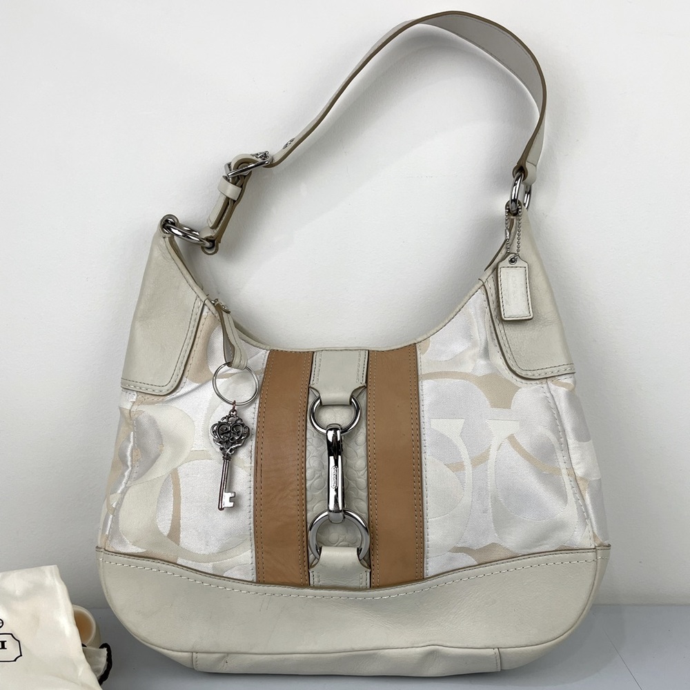 Coach Cream and Tan Signature Shoulder Bag